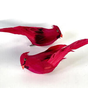 Vintage Red Feathered Bird Cardinal Christmas Ornament 5” Clip On LOT of 2‎